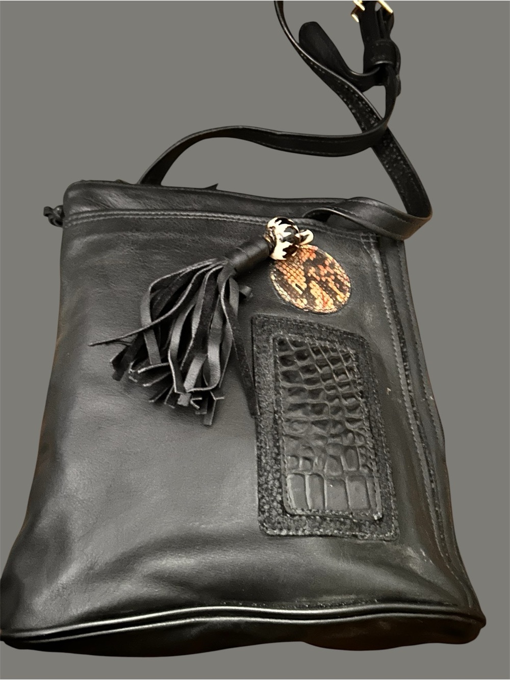 Vintage KC branded Black Leather Crossbody Bag with Tassel Accent